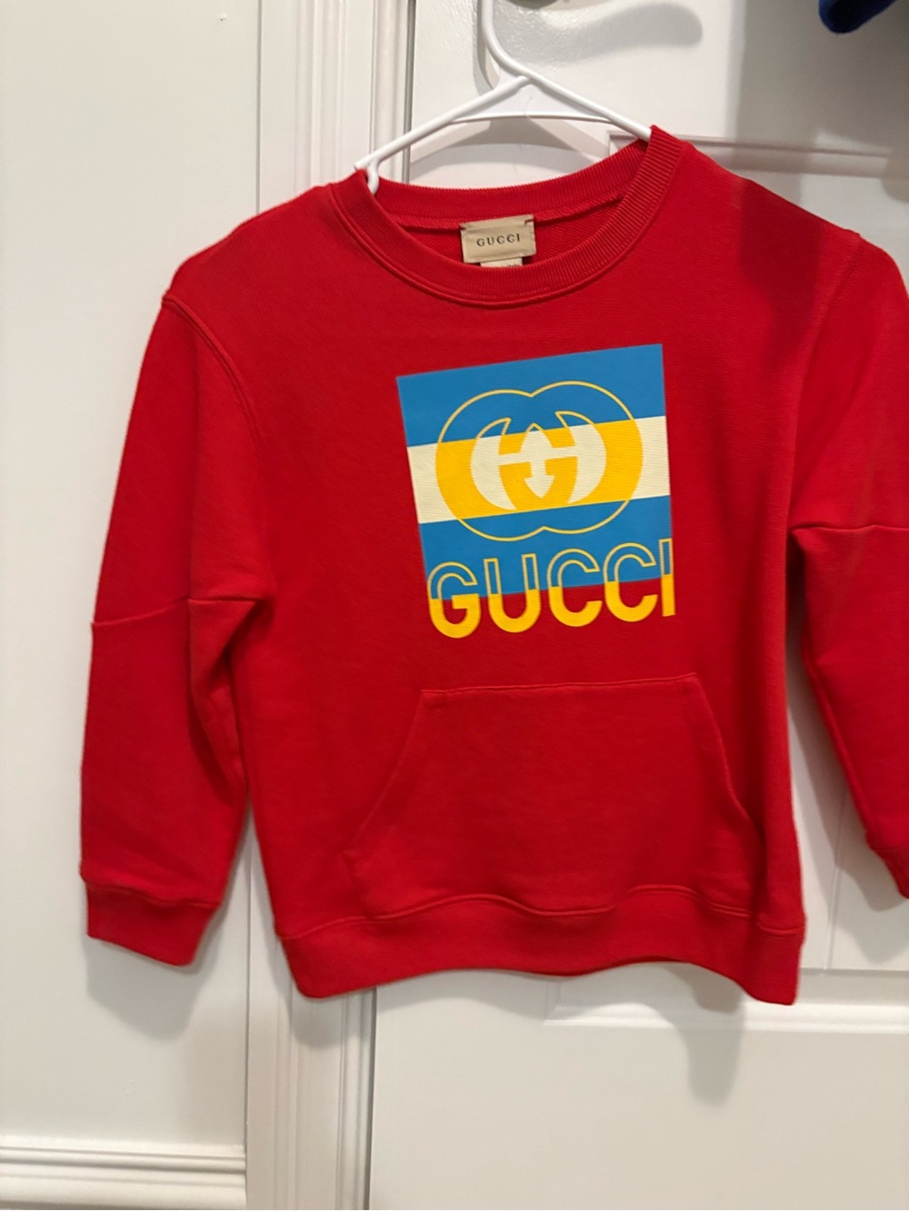 Gucci Kids Red Sweatshirt with Blue and Yellow Logo